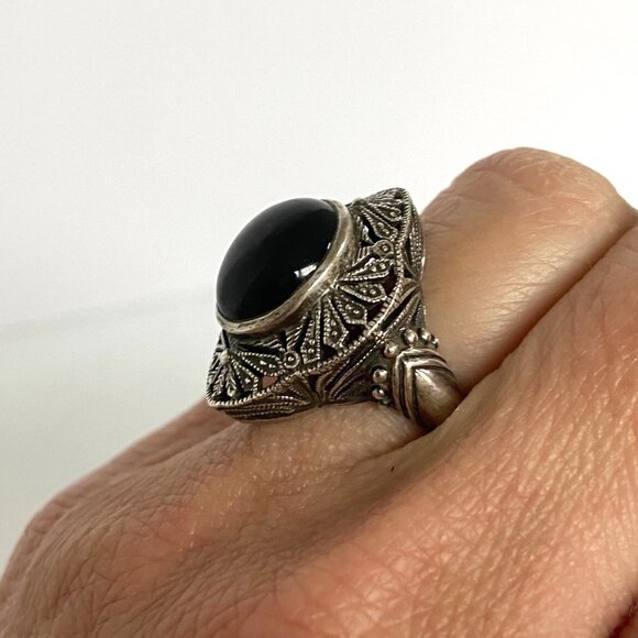 Sterling Silver 925 Thailand Scrollwork Filigree Oval Black Onyx Ring Sz 6.75 - Picture 4 of 16